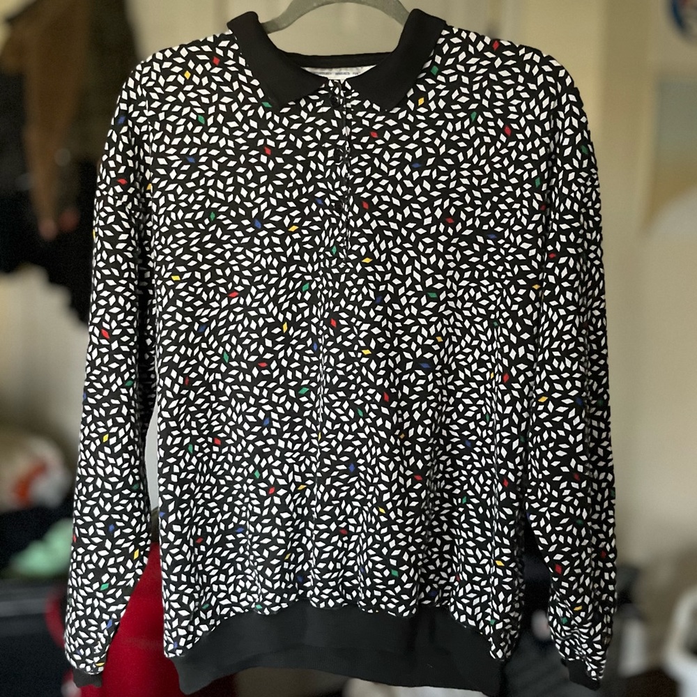 Vintage Black Diamond Pattern Collared Pullover Sweatshirt